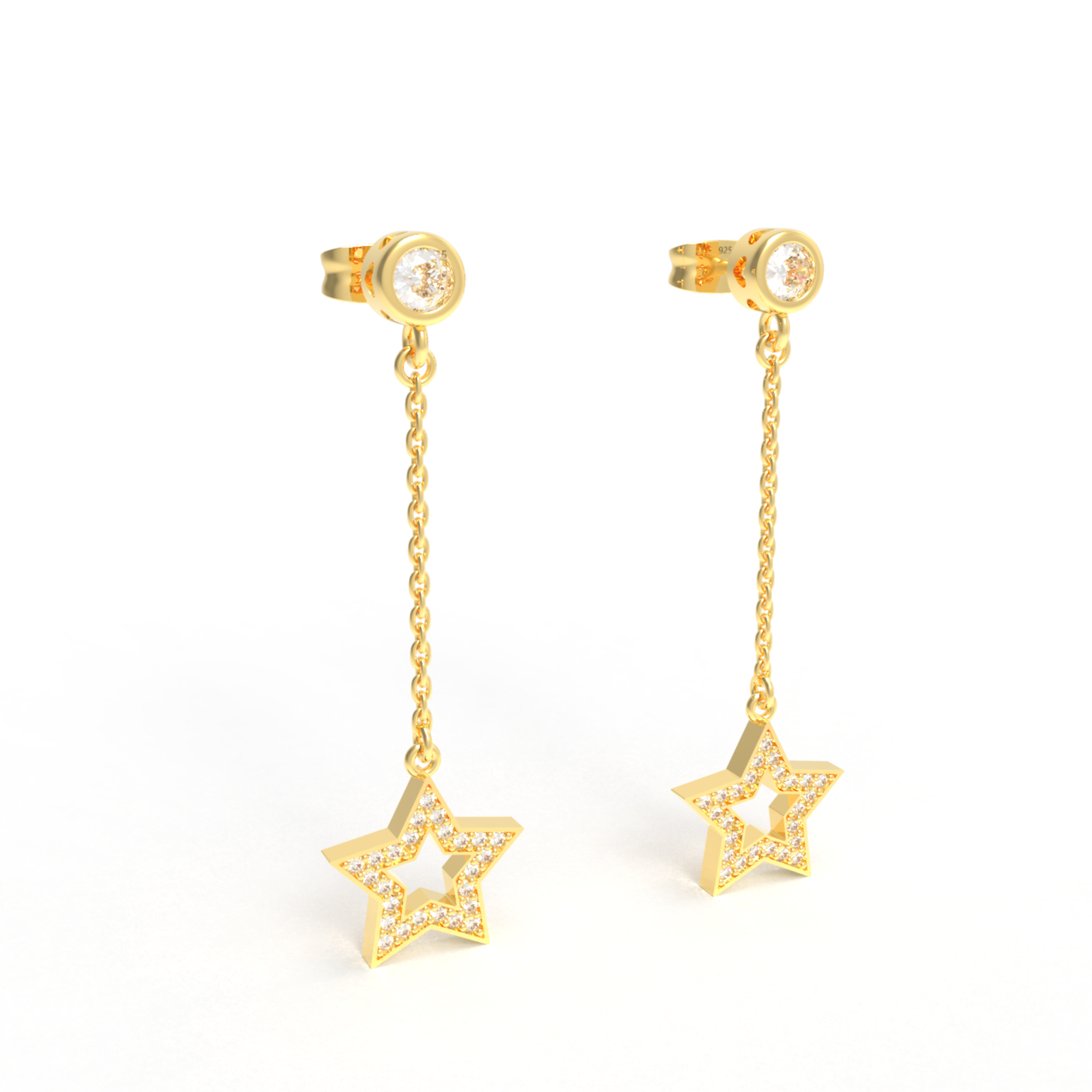 CZ Star Moon Celestial Dangle Chain Earrings, Hallmarked 925 Sterling Silver